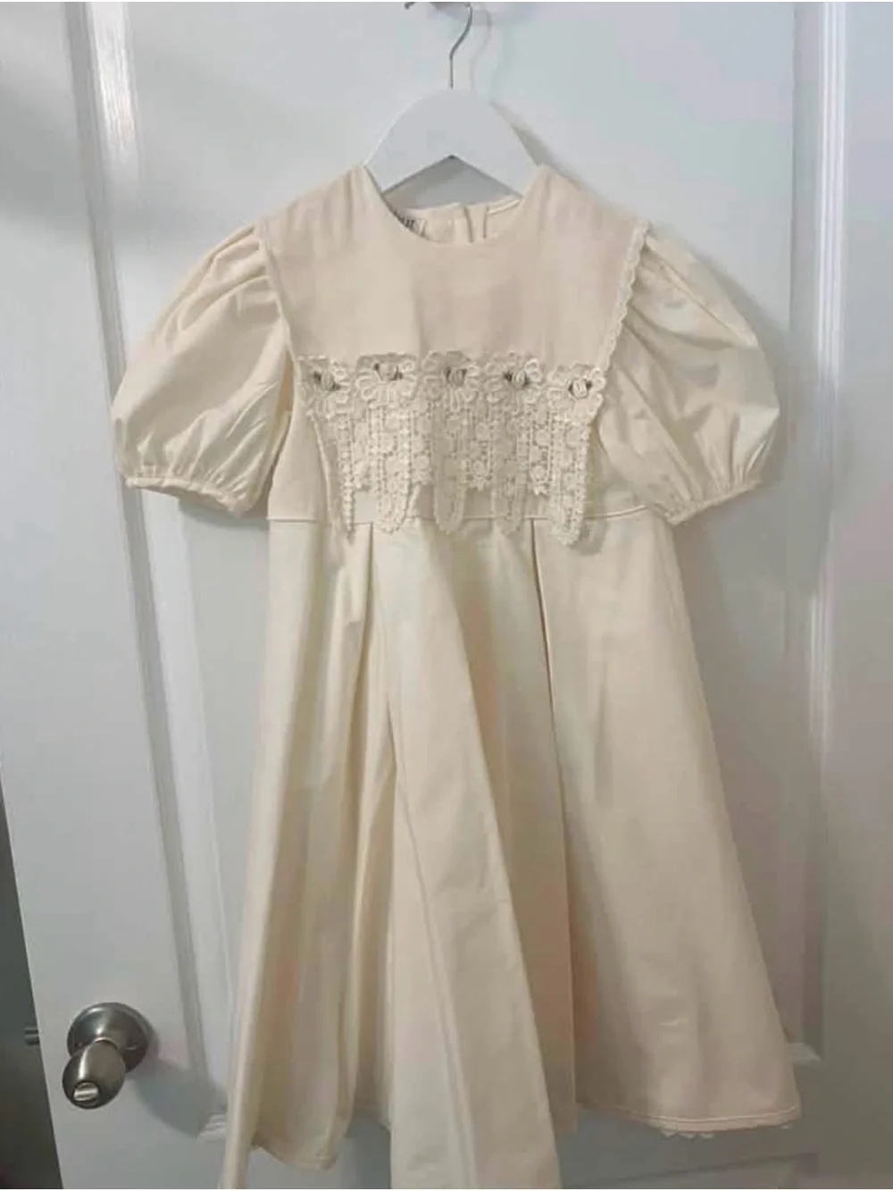 debut Cream Crochet Bodice Puff Sleeve Dress